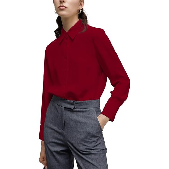 Women's Button Down Shirt Classic Long Sleeve Collared Tops Chiffon Blouse XXL - Picture 5 of 6